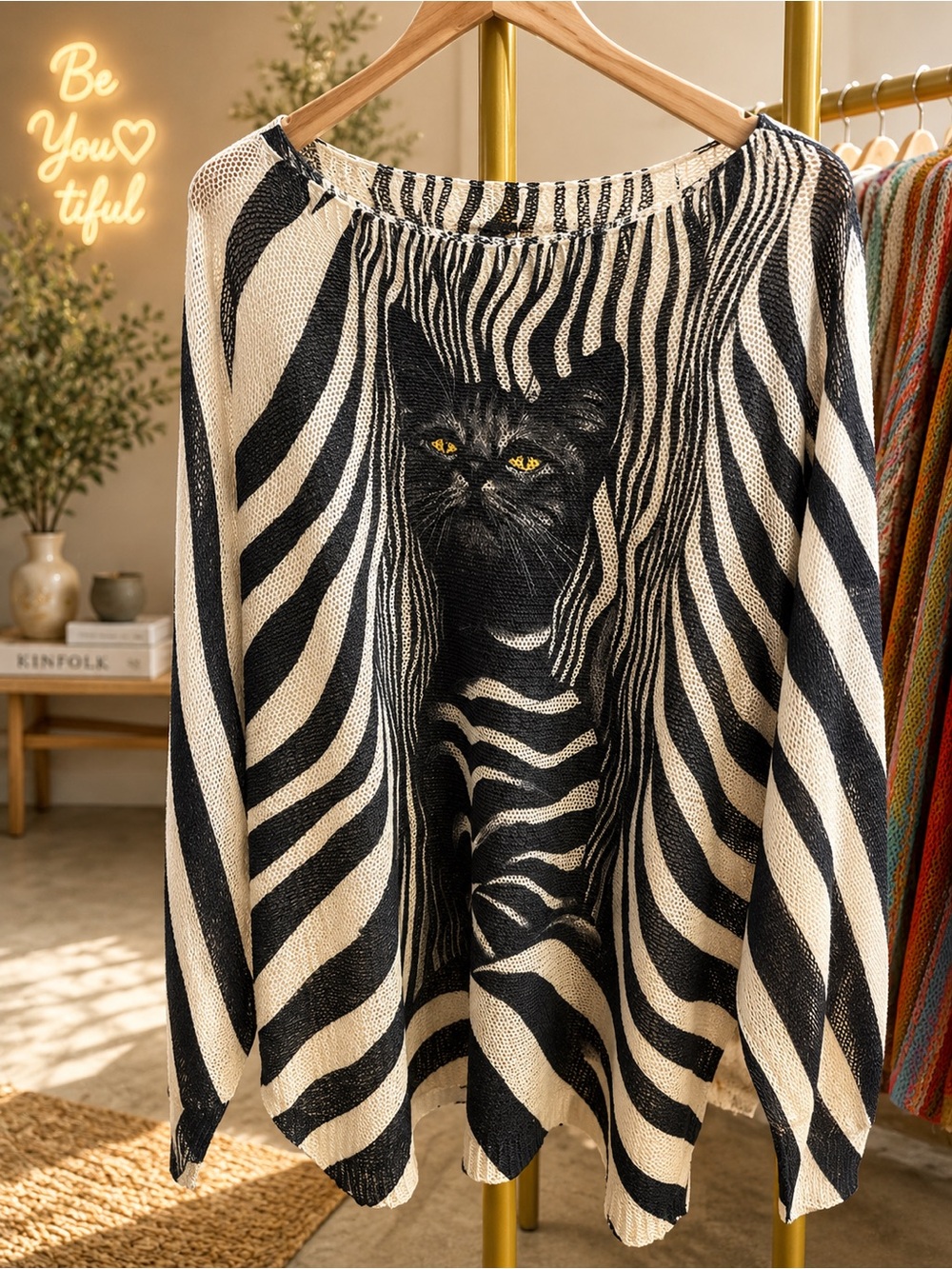 S01. From Italy 🇮🇹 Striped Sweater with Cat Motif